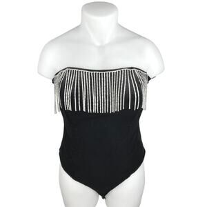 Forever 21 Black Velvet Velour Fringe Rhinestone Strapless Tube Bodysuit Top 1X